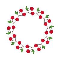 Summer floral wreath with two cherries on branch. Round frame of berries and leaves on twig. Decoration element for cards and seasonal decor. flat illustration. vector