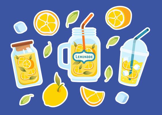 Fun flat set of lemonade stickers with jars, cups, lemons, ice and leaves. Ideal for summer designs, stickers, packaging, labels, menu design, prints, social media and web.