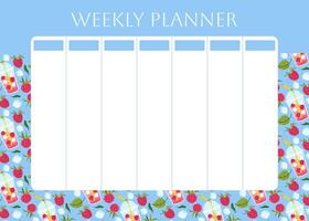 Weekly planner with red cherry lemonade pattern. Berry, ice cube and foliage on blue background. Lifestyle planner for 7 days. Schedule design template. flat illustration vector