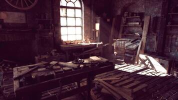 CGI An old workshop filled with tools and sunlight streaming in video