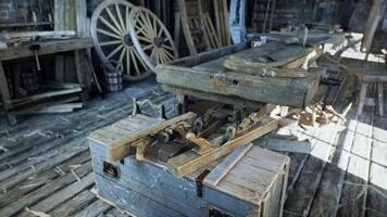 CGI Old carpentry workshop filled with vintage tools and rustic wooden equipment video
