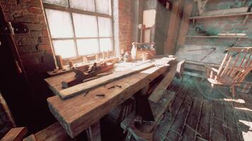 CGI Exploring an old carpentry workshop filled with vintage tools and sunlight video