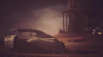 CGI Abandoned vintage car near a deserted building under moody skies at dusk video