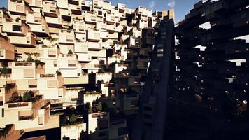 CGI Modern architectural structure with greenery in urban setting at sunset video