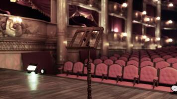 CGI Old opera house stage with empty music stand and red velvet seating arrangement video