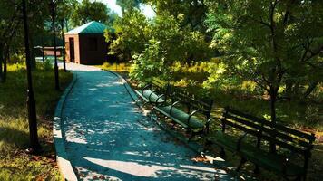 CGI A tranquil park pathway lined with benches amidst lush greenery on a sunny day video