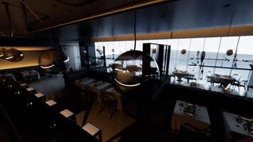 CGI Empty upscale restaurant with elegant decor and panoramic ocean view at dusk video