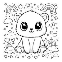 Cute Polar Bear Cub and Rainbows a Line Art Page vector