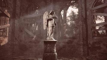 CGI An angel statue stands solemnly in an abandoned, crumbling building at dusk video