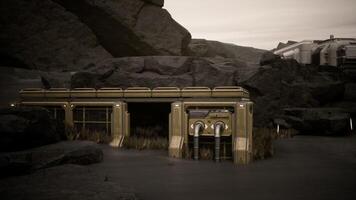CGI Colonist base on a distant planet surrounded by rocky terrain during twilight video