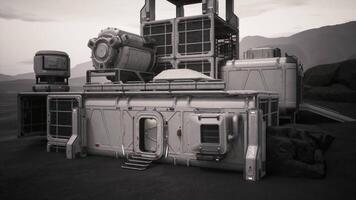 CGI Colonist base established on a distant planet with rugged terrain and machinery video