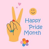 Happy Pride Month card. Hand showing peace gesture. Retro groovy print. Vintage cool vibes hand sign. Hand drawn flat design illustration. vector