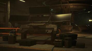 CGI Underground bunker workspace with multiple computer monitors and storage video