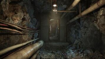 CGI Exploring a dimly lit underground bunker filled with pipes and machinery video