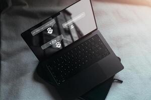 Chatbot conversation assistant screen on laptop. Online customer service with chatbot support. Artificial intelligence for contact us. photo