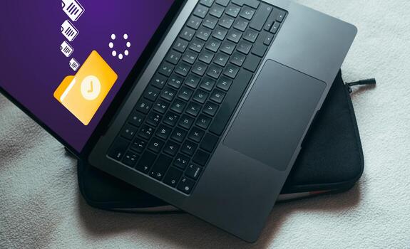 Online documentation database. Laptop with document management system DMS concept on screen. File Transfer Protocol Secure. Internet cloud technology. Exchange information and data storage. photo