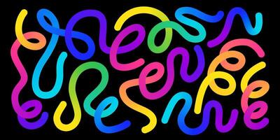Funky gradient organic line pattern with colorful wavy swirl shapes on black background vector