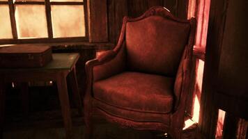 CGI Rustic armchair in a warm lit room, creating a cozy atmosphere at dusk video