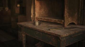CGI Weathered wooden table with rustic cup and tool in a dimly lit room video