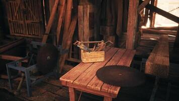 CGI Rustic workshop environment featuring tools and woodwork in natural light video
