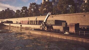 CGI Forklift unloading cargo containers at a busy riverside port in daytime video