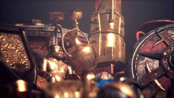 CGI Golden treasures hidden in a secret dungeon filled with ancient artifacts video