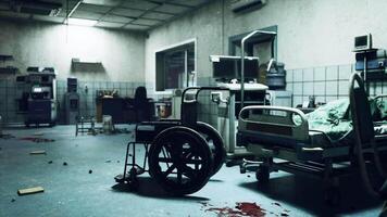 CGI Abandoned hospital room with overturned wheelchair and scattered debris video