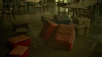CGI Abandoned airport with scattered luggage and empty chairs at twilight video