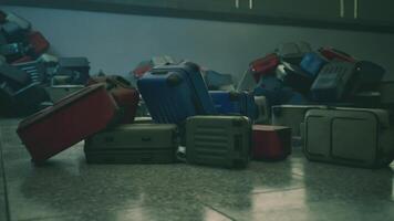 CGI Abandoned airport baggage scattered across the old terminal floor video