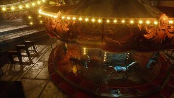 CGI Empty amusement park carousel illuminated at night with glowing lights video