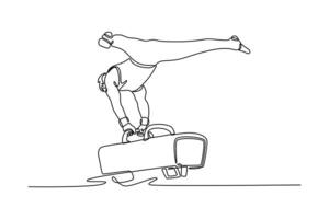 Single one line drawing pommel horse athlete gymnast doing split handstand in competition artistic gymnastics. Perform acrobatic motion. Modern continuous line draw design graphic illustration vector