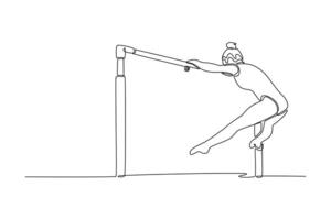 Single one line drawing attractive female gymnast swinging on uneven bars while doing muscle up exercise during calisthenics workout in arena. Continuous line draw design graphic illustration vector
