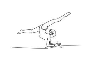 Single continuous line drawing beautiful and flexible graceful athlete rhythmic gymnastic artist dancing, doing stretch exercises. Beauty, art, sport. One line draw graphic design illustration vector