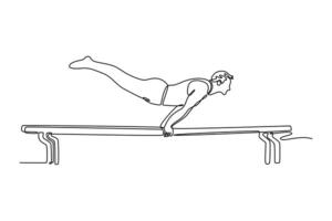 Continuous one line drawing fit male gymnast performing handstand on parallel bars in professional gym. Doing calisthenics core stability exercise. Single line draw design graphic illustration vector