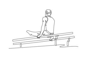 Single continuous line drawing muscular build man doing calisthenics on parallels bar indoor. Athlete practicing balance. Healthy lifestyle and power. One line draw graphic design illustration vector