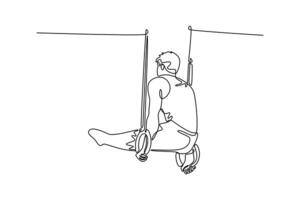 Continuous one line drawing focused man practicing stretching exercises on the gymnastic rings for hole body dip for abs hands and back in the gym. Single line draw design graphic illustration vector