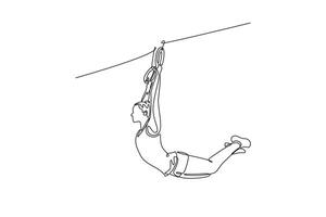 Single one line drawing fit female gymnast swinging on gymnastic rings while doing muscle up and balance exercise during calisthenics workout in gym. Continuous line design graphic illustration vector