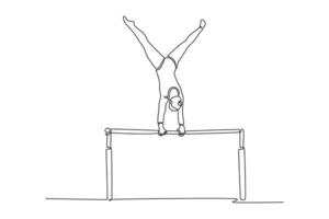 Single continuous line drawing fit female gymnast performing upside down handstand uneven bars in arena. Movement, action, motion, healthy lifestyle. One line draw graphic design illustration vector