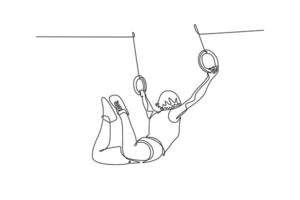 Continuous one line drawing beautiful female gymnast swinging on gymnastic rings while doing muscle up exercise during calisthenics workout in gym. Single line draw design graphic illustration vector