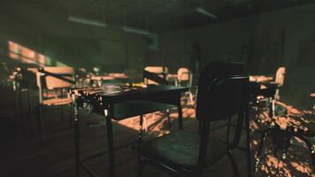 CGI Abandoned classroom with empty chairs and sunlight casting eerie shadows video