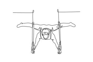 Continuous one line drawing strong male gymnast athlete looking down while doing calisthenics core stability exercise with gymnastics rings in gym. Single line draw design graphic illustration vector