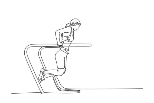 Continuous one line drawing professional female gymnast doing strength and balancing exercise on parallel bars in championship gymnastics artistic. Single line draw design graphic illustration vector