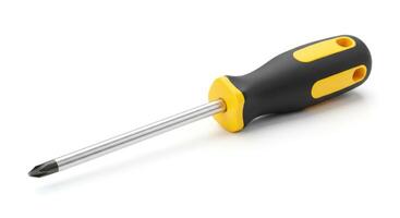 A screwdriver with a yellow handle on a white background photo