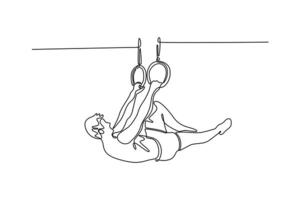 Continuous one line drawing young active strong sweaty athlete muscular fit man with big muscles doing cross workout training on the gymnastic ring. Single line draw design graphic illustration vector