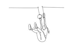 Single one line drawing focused sportswoman practicing stretching exercises on gymnastic rings for hole body dip for abs hands and back in gym. Continuous line draw design graphic illustration vector