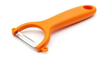 A orange peeler with a handle on a white background photo