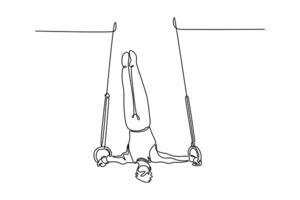 Continuous one line drawing professional male gymnast swinging on gymnastic rings while doing muscle up exercise during calisthenics workout in gym. Single line draw design graphic illustration vector
