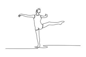 Single continuous line drawing back view charming artistic gymnast dancing. Female gymnast, creativity, art with dancing routine and energy at arena. One line draw graphic design illustration vector