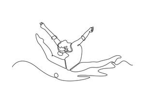 Continuous one line drawing graceful female gymnast jumping in mid air, performing split leap. Elegance and precision in captivating rhythmic gymnastic. Single line design graphic illustration vector