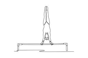 Single continuous line drawing young girl gymnast performing handstand on uneven bars in professional gym. Doing calisthenics core stability exercise. One line draw graphic design illustration vector